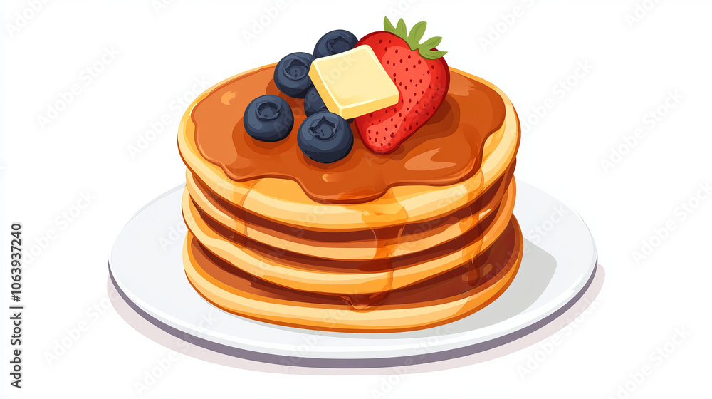 A stack of fluffy pancakes drizzled with syrup, topped with a pat of melting butter, and garnished with fresh strawberries and blueberries. A stack of fluffy pancakes drizzled with syrup, topped with a pat of melting butter, and garnished with fresh strawberries and blueberries.