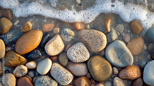 Smooth spa stones stacked on a serene sea beach, creating a tranquil outdoor setting perfect for relaxation and mindfulness.