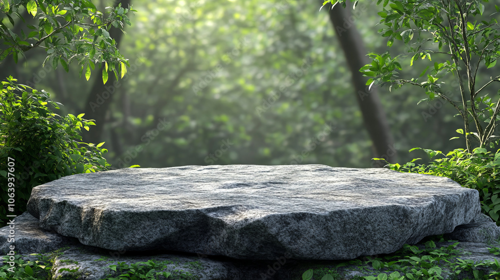 A 3D illustration of a stone podium set on a rugged rock platform, designed for product display. The backdrop features a lush green forest with a softly blurred effect A 3D illustration of a stone podium set on a rugged rock platform, designed for product display. The backdrop features a lush green forest with a softly blurred effect
