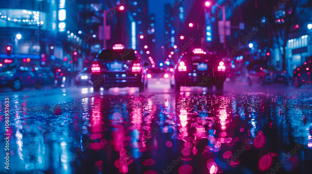 Fototapeta premium Calle de ciudad bajo la lluvia con luces de neón reflejadas en el pavimento