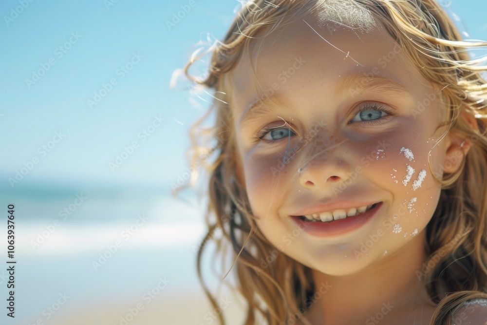 Portrait of a smiling little girl with sunscreen at the beach Portrait of a smiling little girl with sunscreen at the beach
