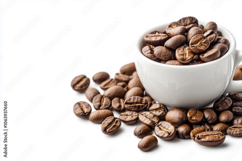 A cozy morning with coffee beans scattered around a white cup A cozy morning with coffee beans scattered around a white cup