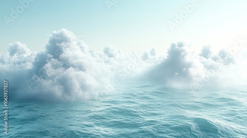 A panoramic view of a calm ocean with fluffy white clouds in the sky.