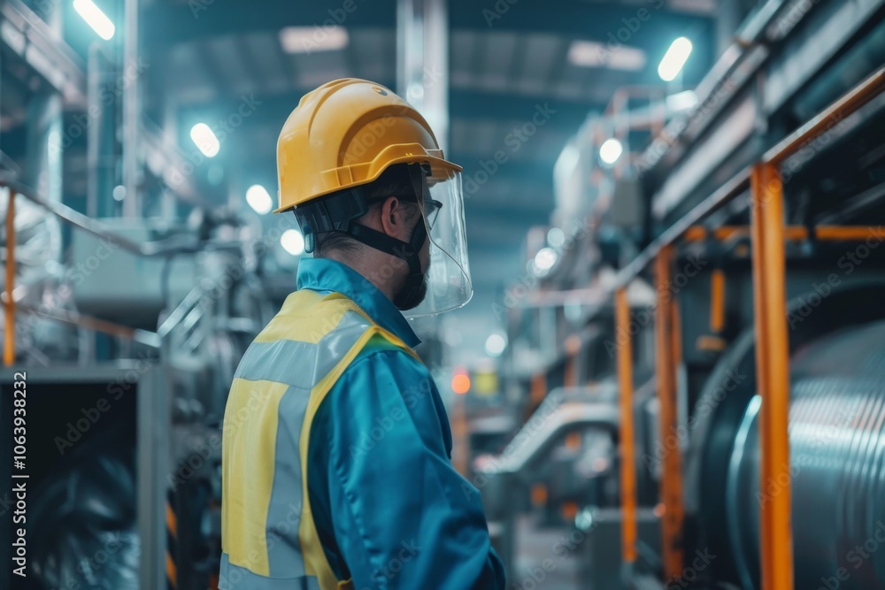 Worker in safety gear operating a machinery inside a plastic factory Worker in safety gear operating a machinery inside a plastic factory
