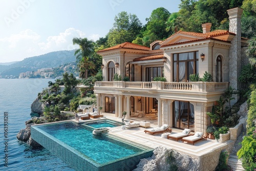 Luxurious villa by the sea with a stunning pool and scenic views.