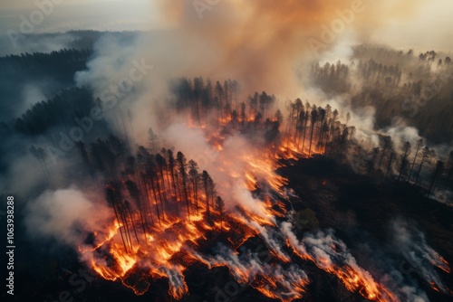 Aerial view of a forest wildfire