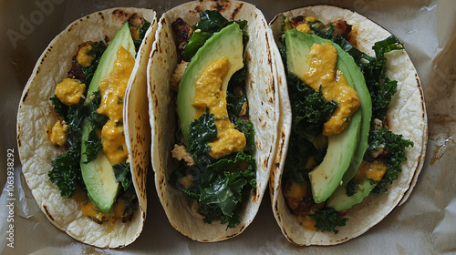 Vegetarian tacos filled with hummus, kale, and avocado.