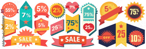 Set of colorful discount and sale offer badges with ribbons and stars for black friday marketing campaign