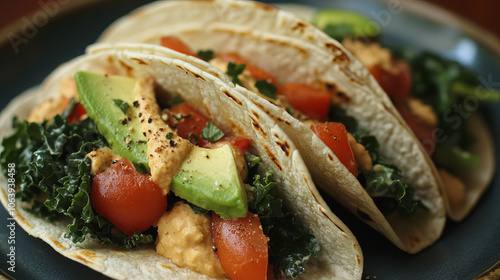 Vegetarian tacos filled with hummus, kale, and avocado.