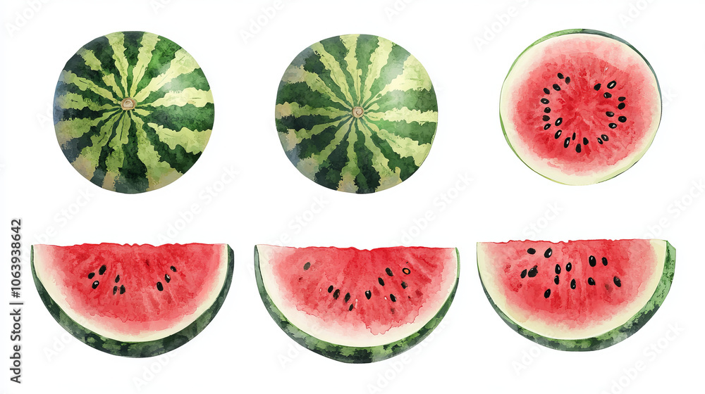 A ripe, fresh watermelon isolated on a white background, featuring a clean clipping path for easy use in various designs. A ripe, fresh watermelon isolated on a white background, featuring a clean clipping path for easy use in various designs.