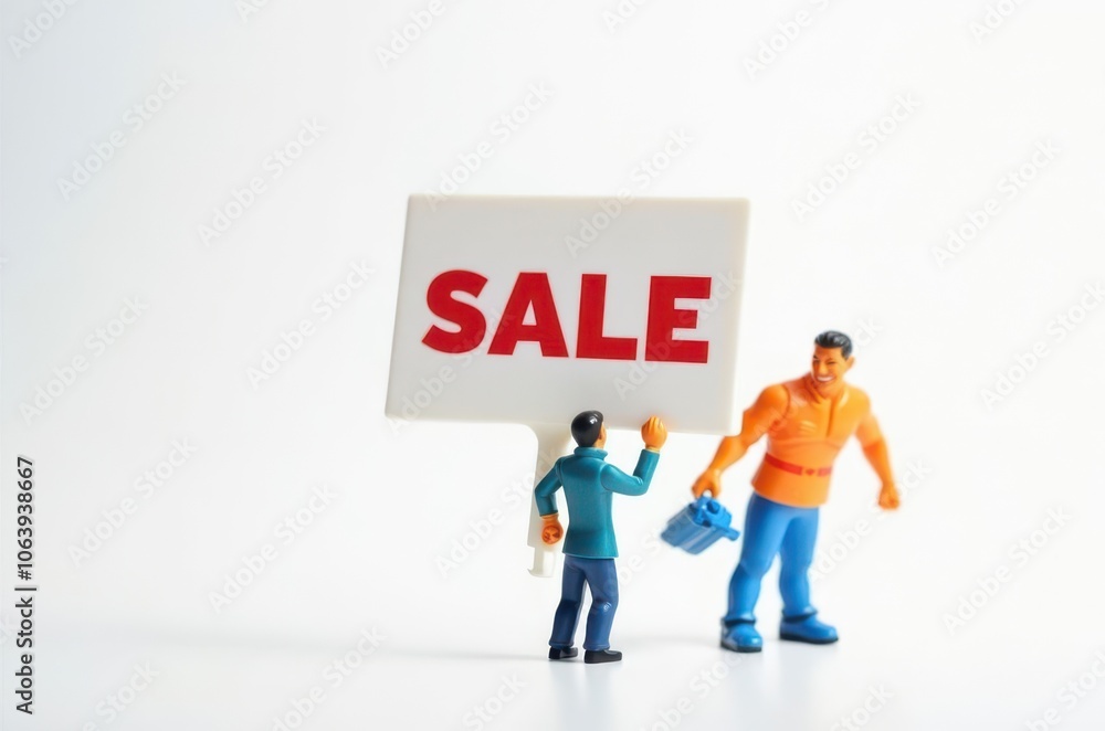 toy man holding a sign with the text (Sale) toy man holding a sign with the text (Sale)