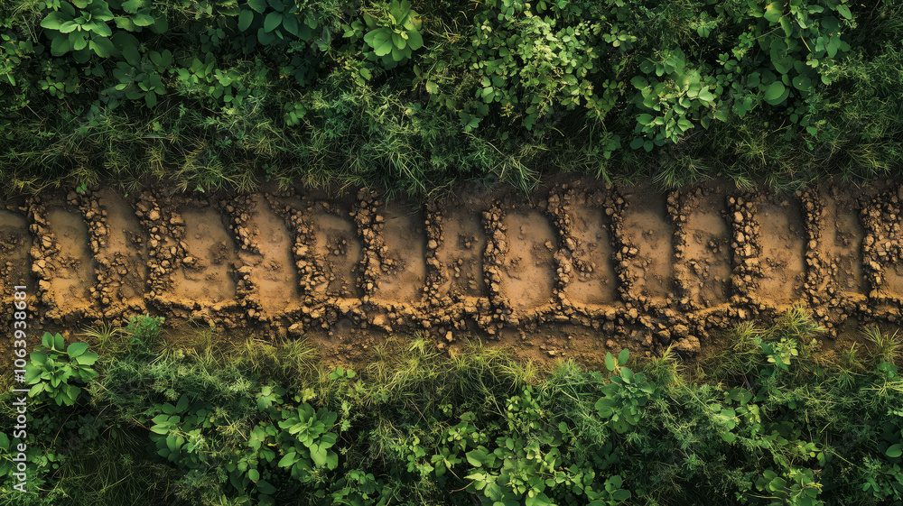 Fototapeta premium Tractor tire tracks carved into lush green grass across a vibrant farm landscape