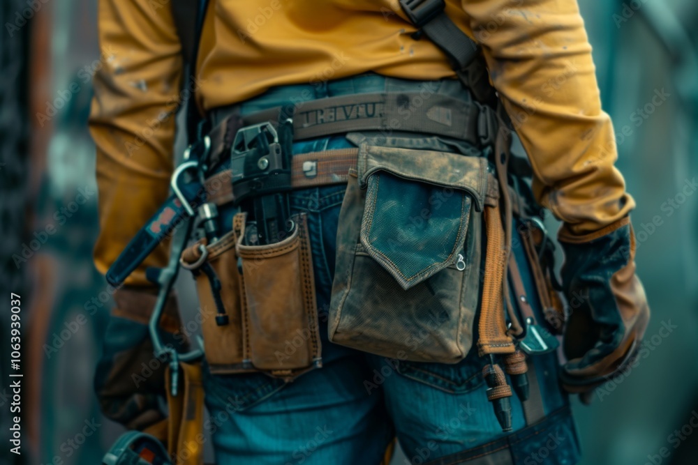 Close up of a maintenance worker with a bag and tool kit Close up of a maintenance worker with a bag and tool kit
