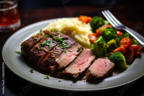 Close up of a sliced roast beef with vegetables on plate