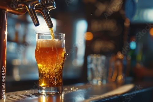 Cold beer getting poured on a tap in bar