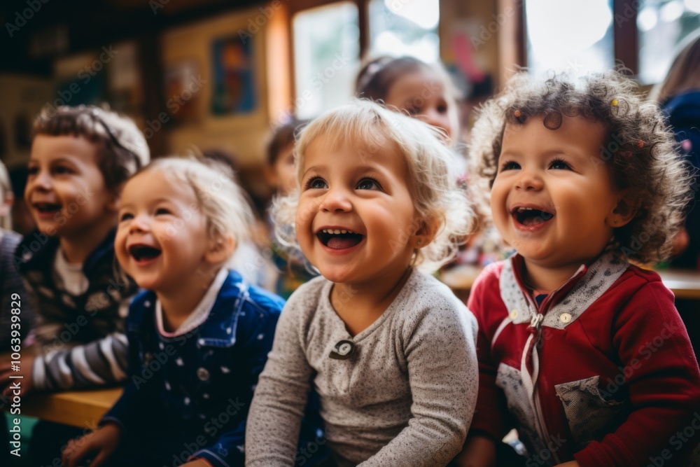 Group of smiling toddlers playing inside a kindergarten Group of smiling toddlers playing inside a kindergarten