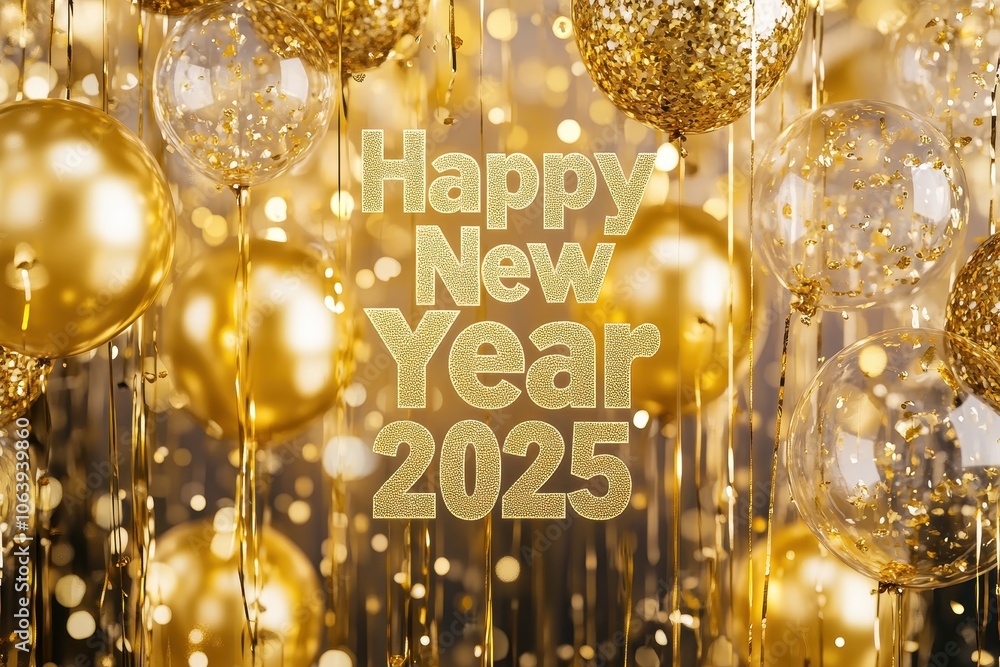 Golden Decorations Collage: Images of golden streamers and balloons. The text Golden Decorations Collage: Images of golden streamers and balloons. The text