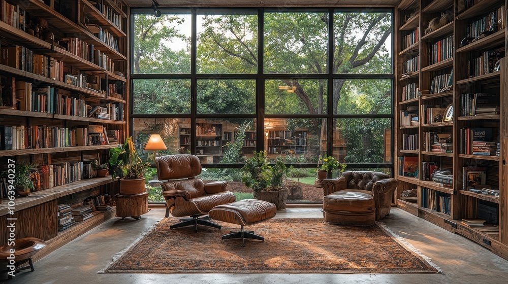 Cozy reading nook with bookshelves and a view of a garden. Cozy reading nook with bookshelves and a view of a garden.