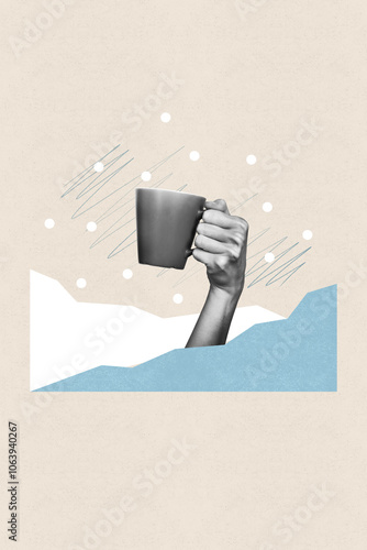 Vertical collage image of black white effect arm hold fresh hot chocolate mug snowfall isolated on drawing beige background