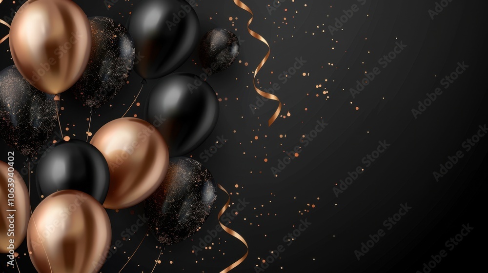Naklejka premium elegant black and gold balloons with shimmering details and ribbon curls on a dark background