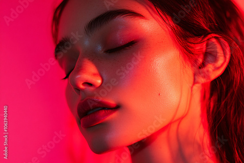 closeup portrait woman red light studio beauty