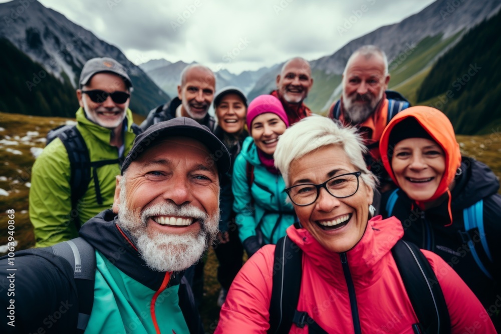 Group portrait of a diverse people hiking in mountains Group portrait of a diverse people hiking in mountains