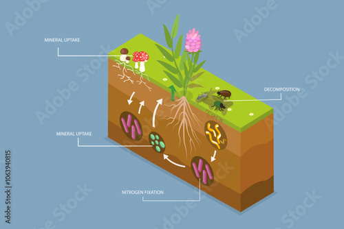 3D Isometric Flat Vector Illustration of Nutrient Cycling, Process of Nutrients Moving Through an Ecosystem