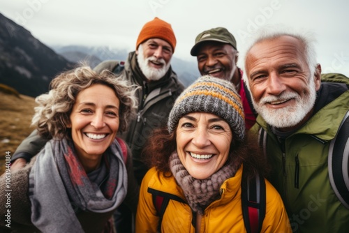 Group portrait of a diverse people hiking in mountains