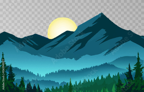 Mountains panorama png. Forest mountain range landscape, camping nature landscape landscape vector illustration. Forest rank landscape, panorama of the hill on transparent background.