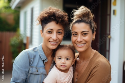 Portrait of a smiling Hispanic lesbian couple holding baby