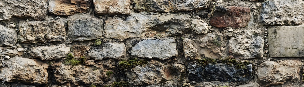 Close-up of a weathered stone wall with moss growth Close-up of a weathered stone wall with moss growth