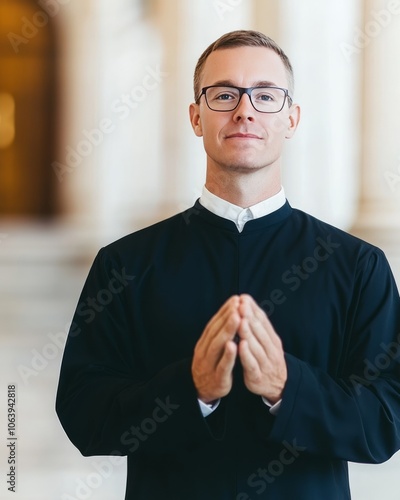 A young man in a black cassock and glasses with his hands clasped in front of him. photo