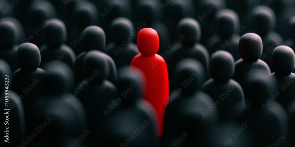 Obraz premium In a sea of gray figures, a vivid red figure captures attention, symbolizing the concept of individuality and uniqueness