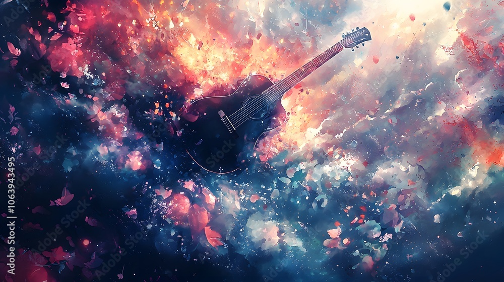 Acoustic Guitar Surrounded by Vibrant Floral Elements Acoustic Guitar Surrounded by Vibrant Floral Elements