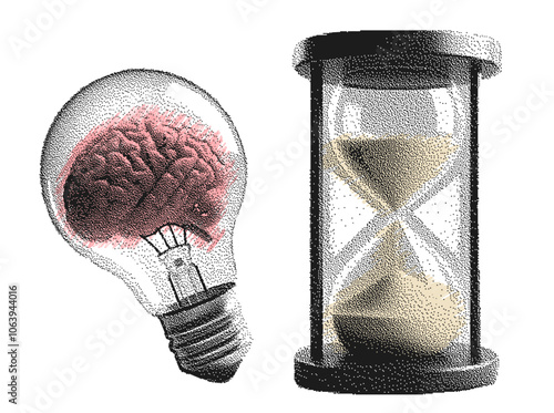 hourglass and a light bulb with brain, retro photocopy stipple effect style, halftone grunge illustration