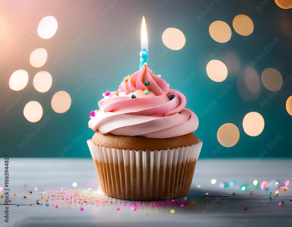 Delicious birthday cupcake on table on light background Delicious birthday cupcake on table on light background
