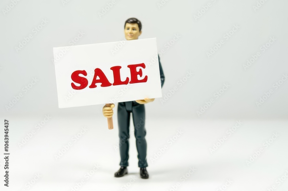 toy man holding a sign with the text (Sale) toy man holding a sign with the text (Sale)