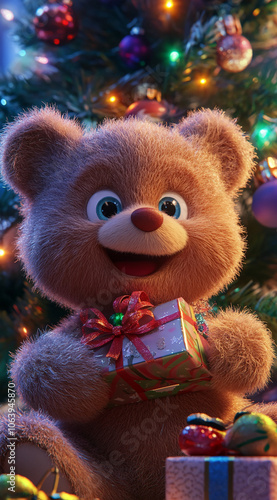 A happy teddy bear sits in front of a decorated Christmas tree, holding a gift box