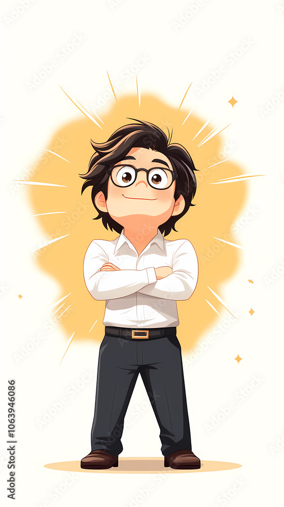 This illustration captures a confident young boy with a determined expression standing proudly with arms crossed embodying success and self-assurance. This illustration captures a confident young boy with a determined expression standing proudly with arms crossed embodying success and self-assurance.