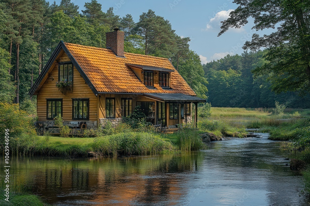 A charming wooden house by a serene river, surrounded by lush greenery and trees. A charming wooden house by a serene river, surrounded by lush greenery and trees.