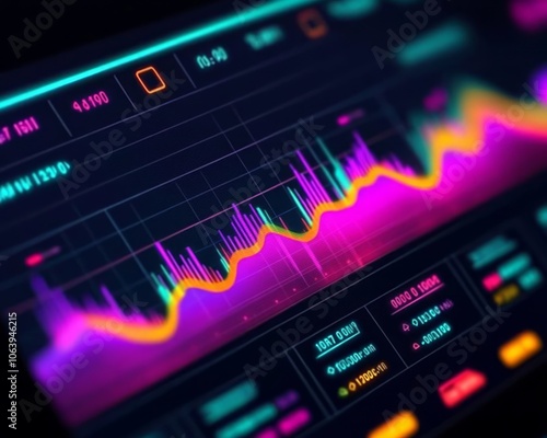 Abstract futuristic digital dashboard with a colorful line graph.