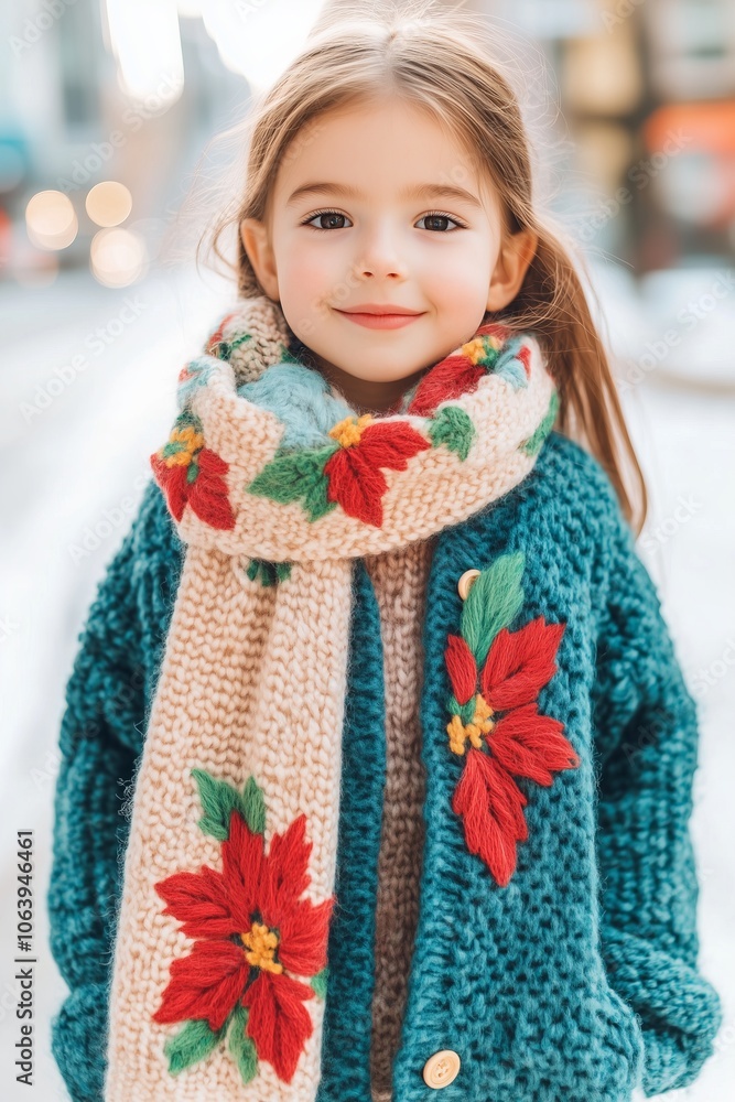 little girls wearing cozy winter outfit with layered fashion, featuring a poinsettia floral nature-inspired print sweater, oversized scarf, and long wool coat, street background little girls wearing cozy winter outfit with layered fashion, featuring a poinsettia floral nature-inspired print sweater, oversized scarf, and long wool coat, street background