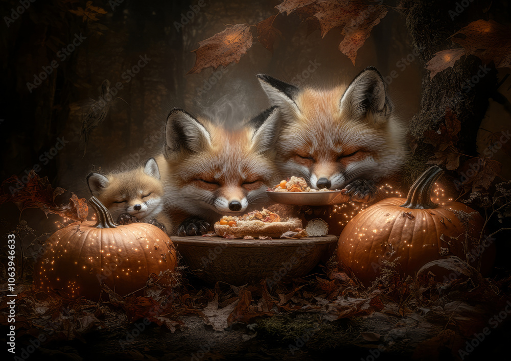 Obraz premium Cozy Autumn Feast with Sleeping Fox Family and Glowing Pumpkins in Enchanted Forest
