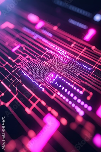 Abstract glowing circuit board with pink and purple light trails.