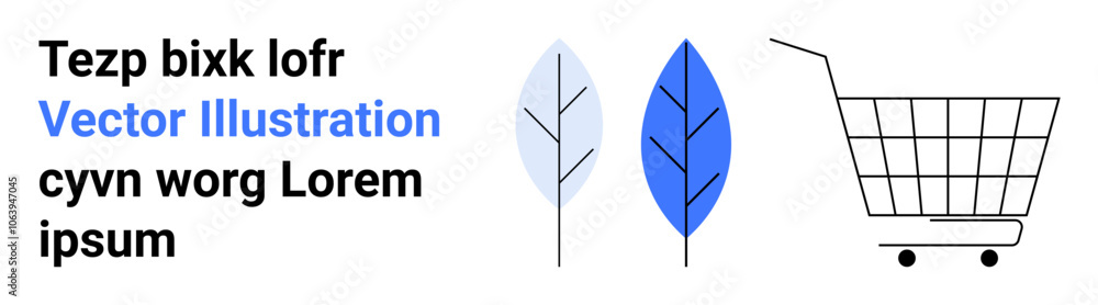 Shopping cart with two stylized leaves and placeholder text in black and blue. Ideal for eco-friendly e-commerce, sustainability, nature-themed promotions, online shopping, modern marketing, digital Shopping cart with two stylized leaves and placeholder text in black and blue. Ideal for eco-friendly e-commerce, sustainability, nature-themed promotions, online shopping, modern marketing, digital