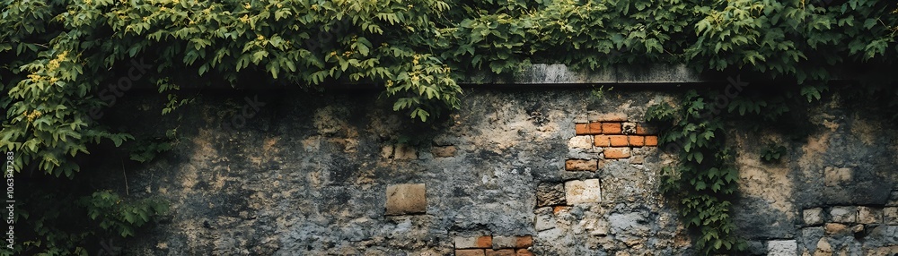 Weathered Stone Wall Covered in Lush Green Foliage Weathered Stone Wall Covered in Lush Green Foliage
