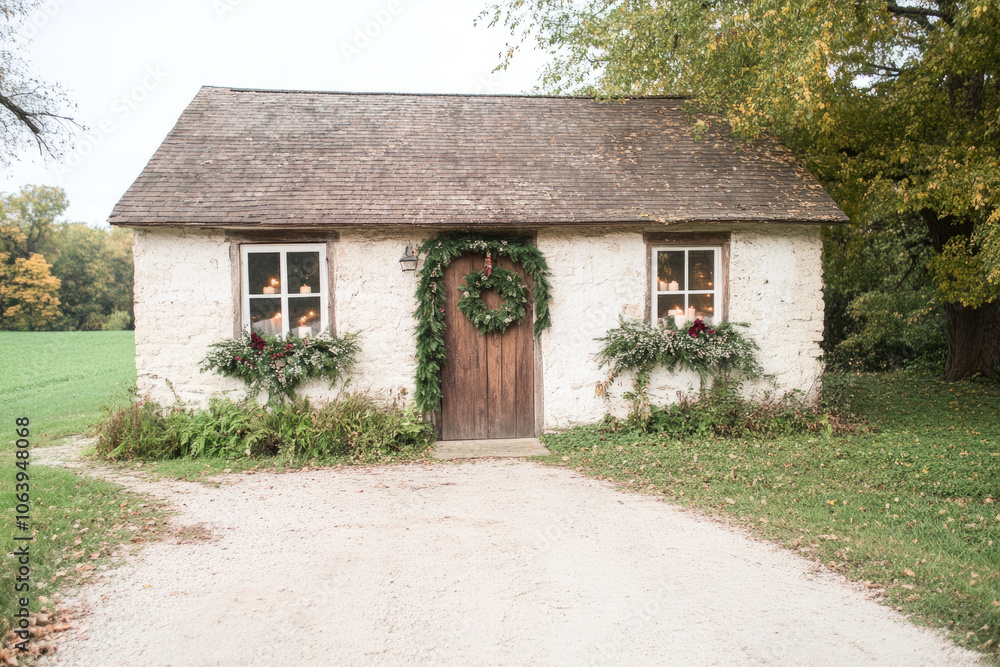 A small white house with a wreath on the door and a window box with red flowers A small white house with a wreath on the door and a window box with red flowers