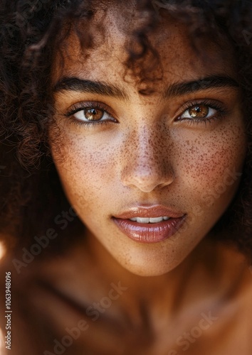 Close-Up Portrait of Freckled Woman with Intense Gaze in Natural Light