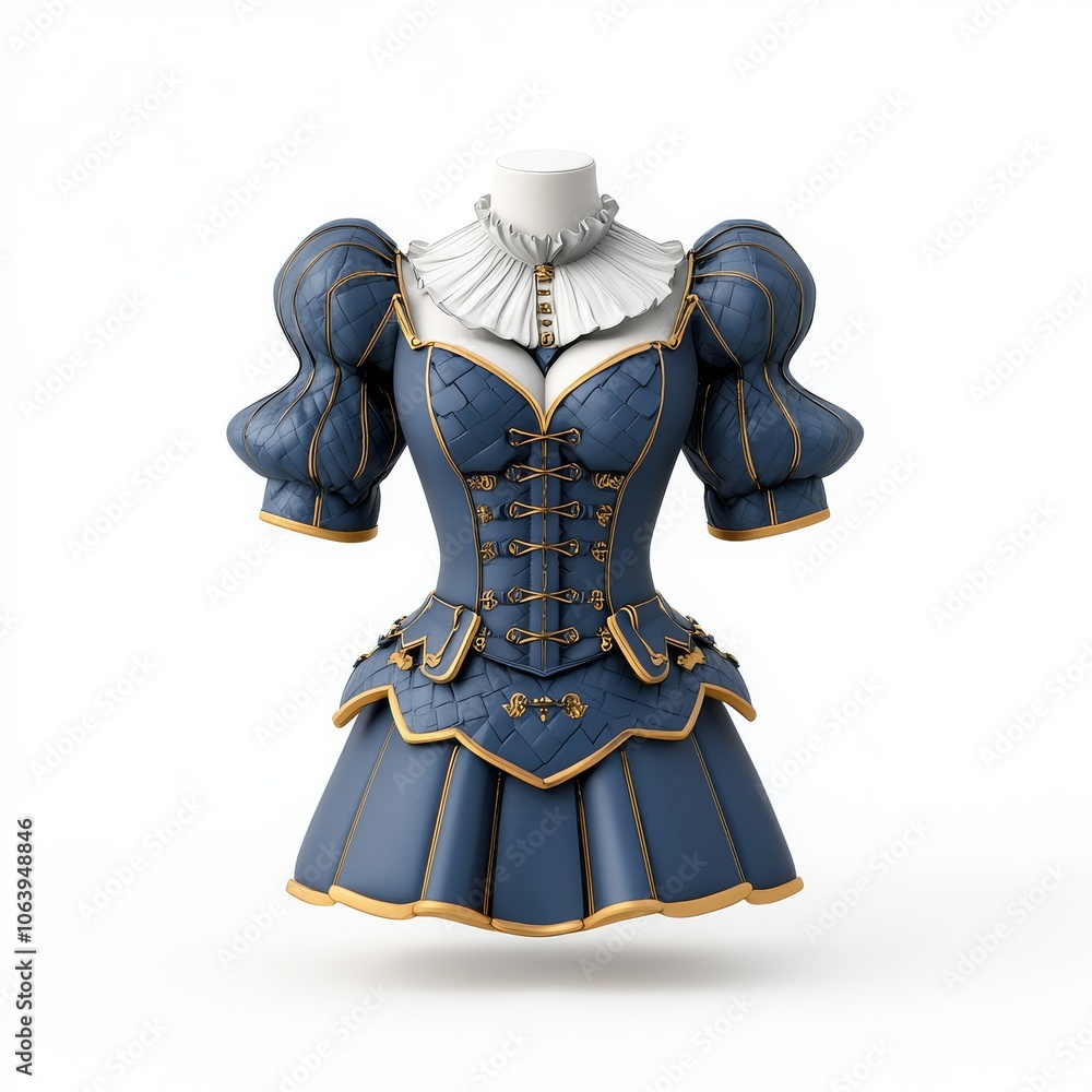 Fototapeta premium An illustration design of a gorgeous metallic silver short armor dress set against a white background in fantasy style.