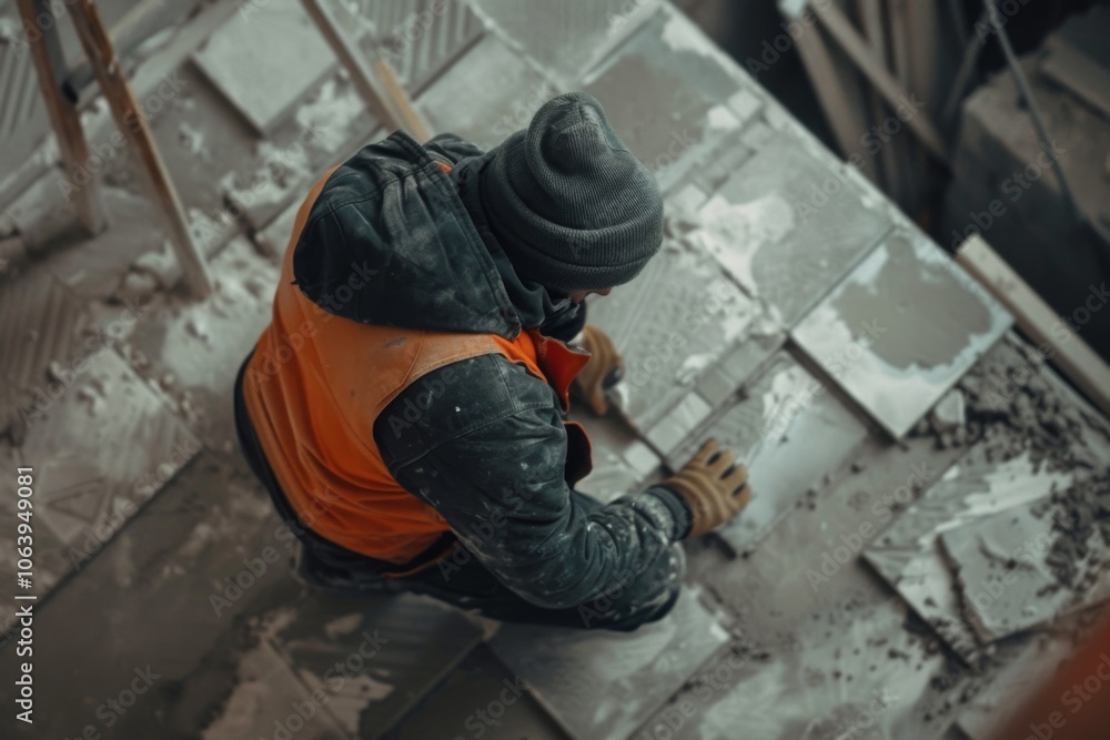 Craftsman precisely installing floor tiles at a construction site Craftsman precisely installing floor tiles at a construction site